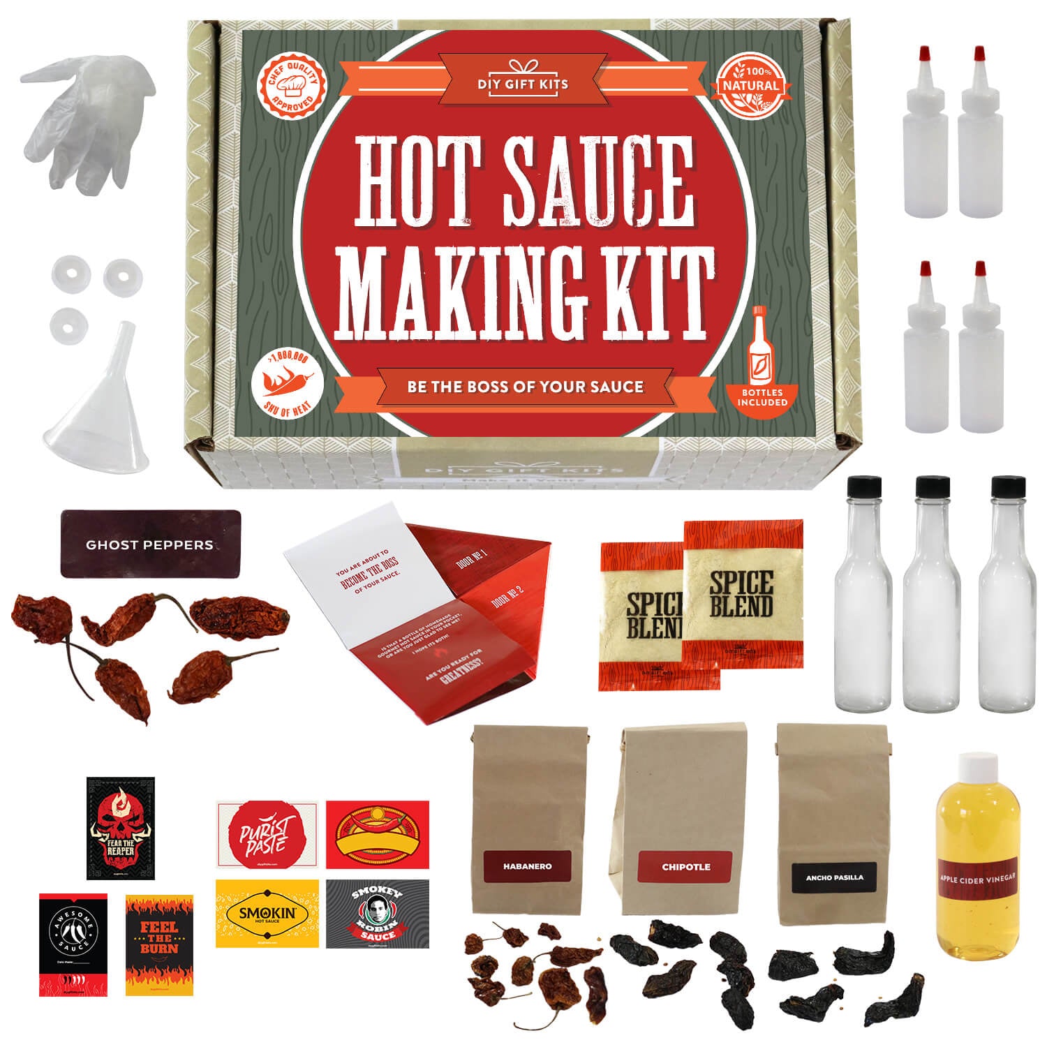 Deluxe Hot Sauce Kit Learn How to Make Your Own Hot Sauce From Home,  Everything Included DIY, Makes 6 Unique Bottles of Sauce, Great Gift 