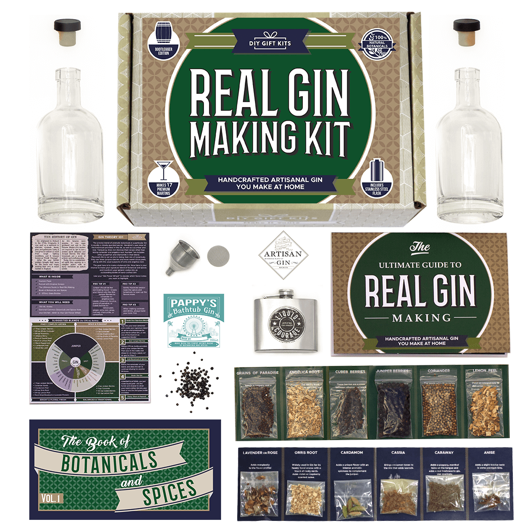 DIY Gift Kits Real Gin Making Kit Deluxe Edition | 12 Botanicals & Spices,  Stainless Steel Flask, Funnel & More | Handcrafted Artisanal Gin | Mixology